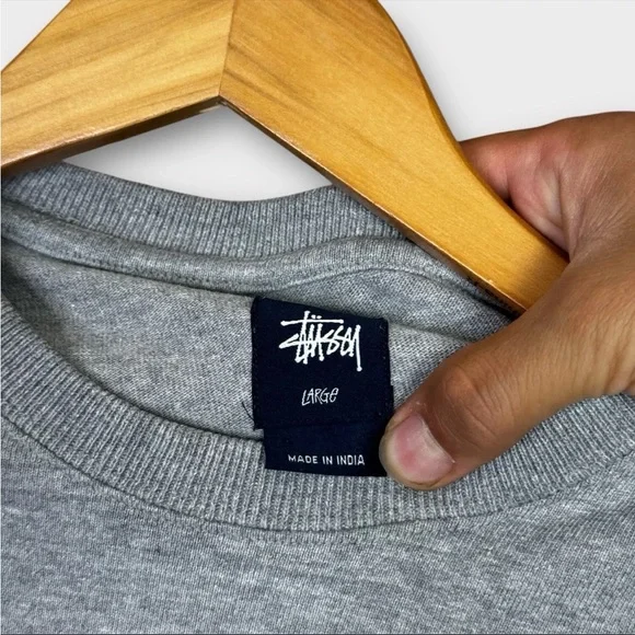 Vintage Stussy Sweatshirt Mens Large Gray Big S Logo Print Striped Sleeve Preppy - Picture 4 of 13